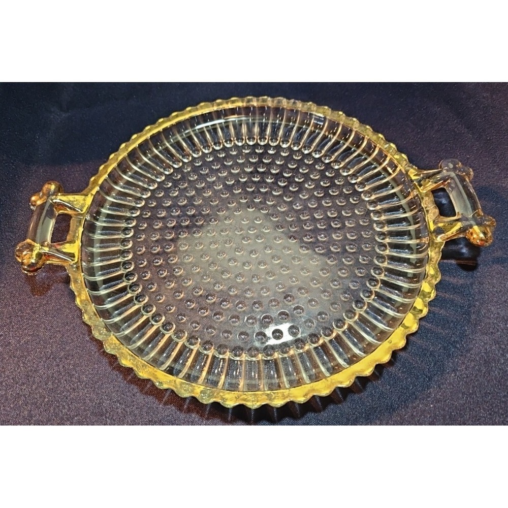 Gold Trimmed 8" Heavy Clear Hobnail Bottom Jeannette Glass 2 Handle Serving Tray